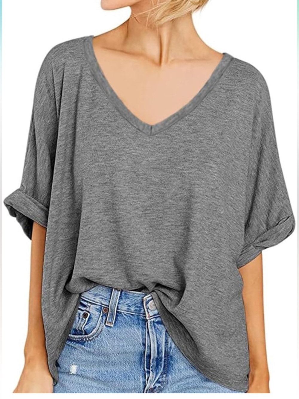 Classic V-Neck Short Sleeve Top - Gray